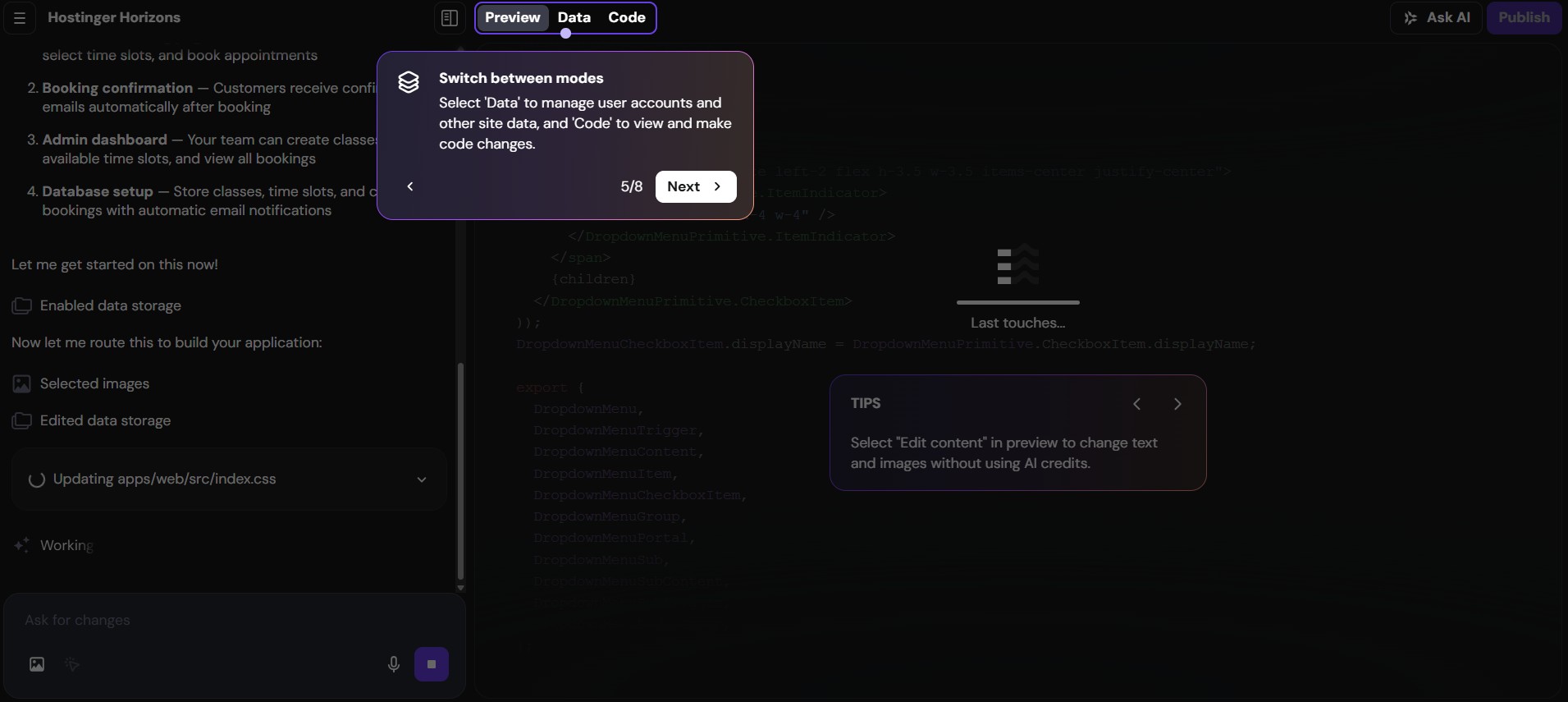 Hostinger Horizon's Preview, Data And Code View Options Hostinger Horizon's Preview, Data And Code View Options