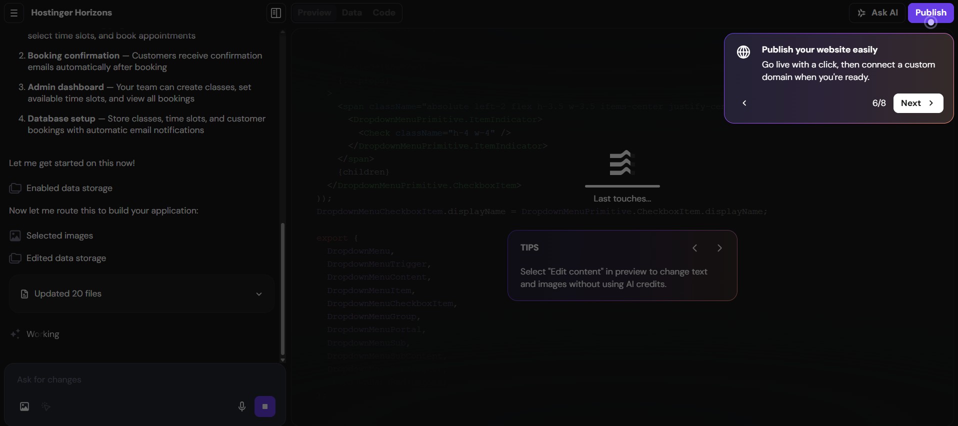 Hostinger Horizon's Publish Website Option Hostinger Horizon's Publish Website Option
