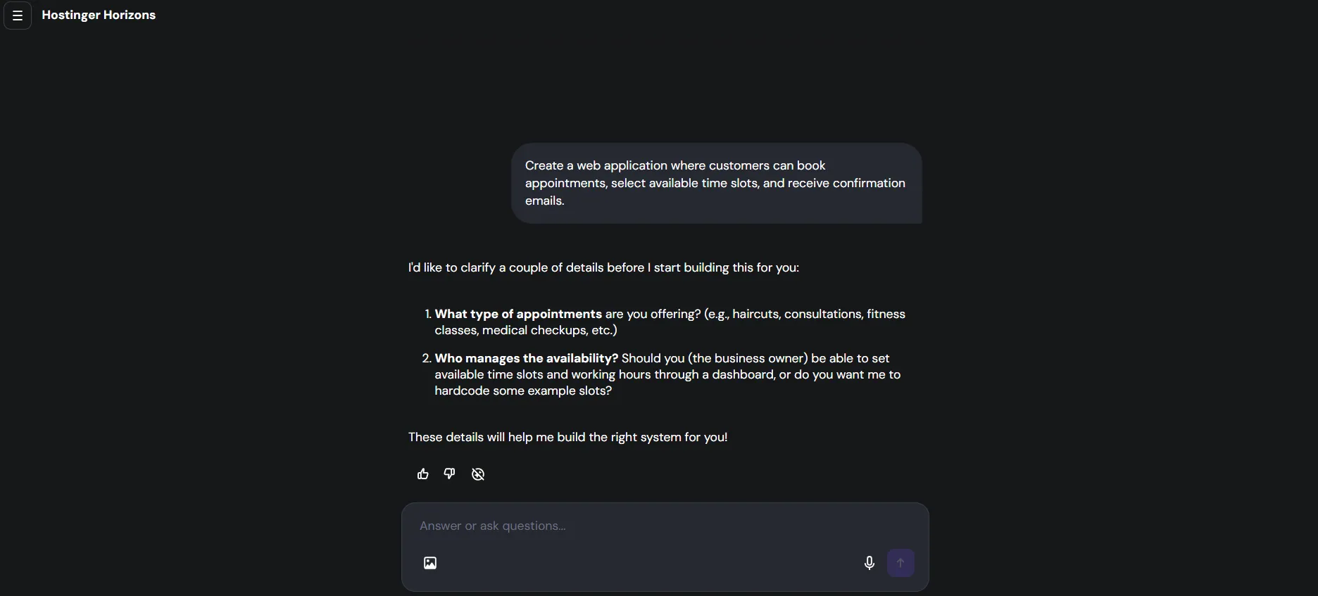 I Built A Fitness Class Booking Website With Hostinger Horizons (Here'S What Happened) 1 Horizon Chat Interface