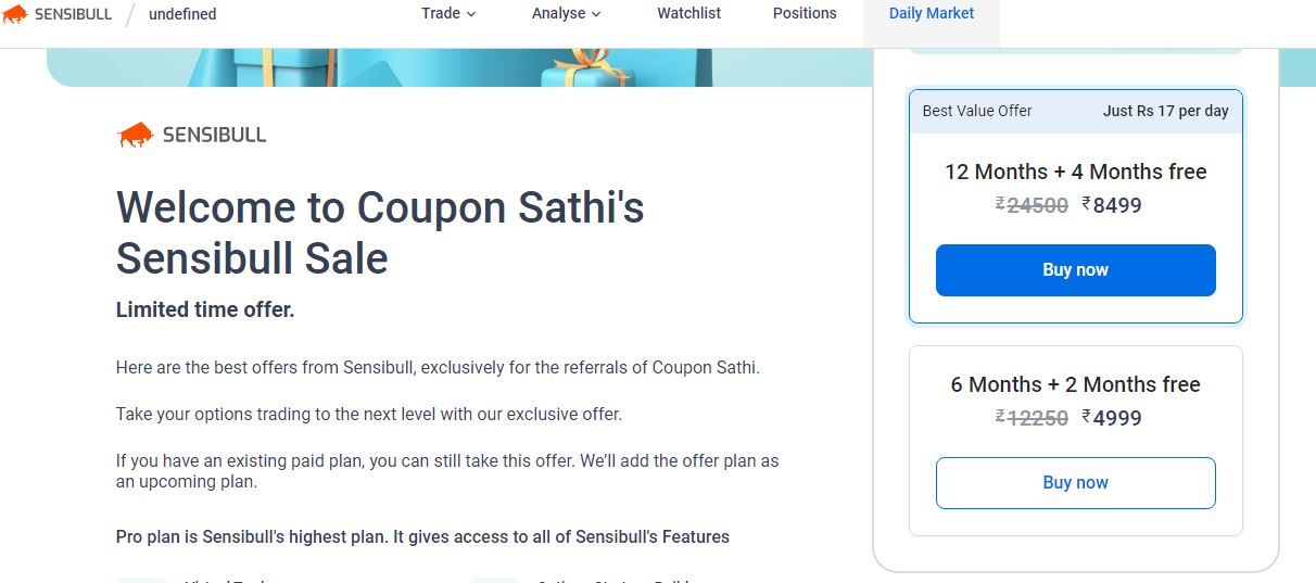 Sensibull Pro: 60% Off On 6 Months Plans 2 Months Free Sensibull Pro: 60% Off On 6 Months Plans 2 Months Free